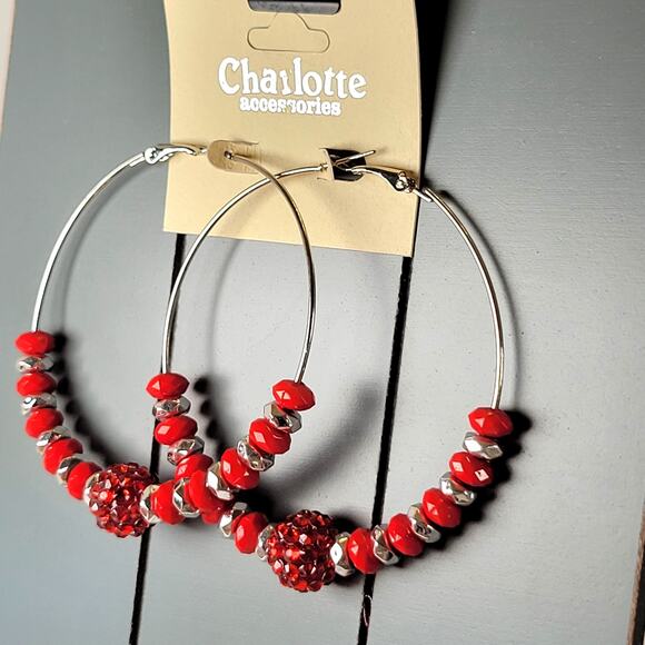 Large Red Beaded Hoop Earrings 3" Silver Tone Rhinestone Accent Pierced Holiday - Picture 3 of 7